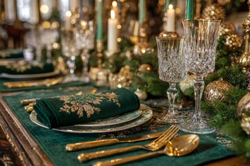 Elegant Christmas dinner table with emerald linens, gold cutlery, crystal glassware and candlelight, perfect for luxury holiday celebration visuals.
