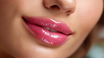 Fototapeta premium Close-up of glossy pink lips wearing shimmering lip gloss, beauty makeup shot with soft lighting, lip texture detail, feminine cosmetic portrait, natural skin tone, with copy space