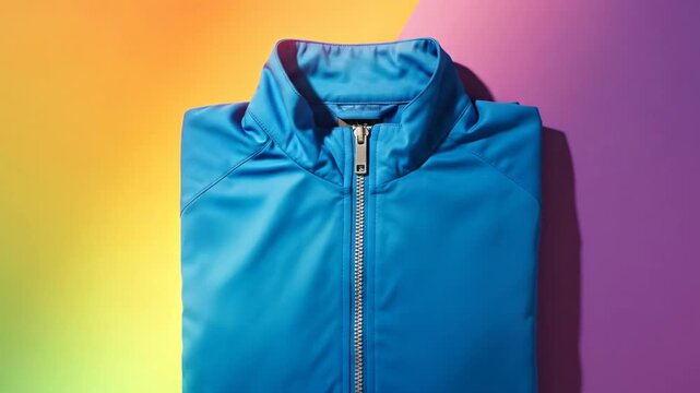Vibrant jacket display on colorful background with dynamic lighting effects