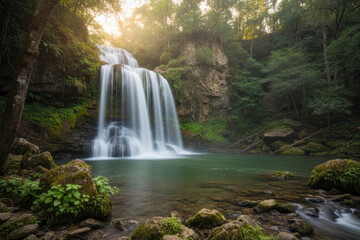 Obraz premium Majestic waterfall cascading through a lush green forest at sunrise
