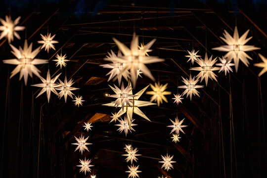 Moravian stars lit up at night in Old Salem