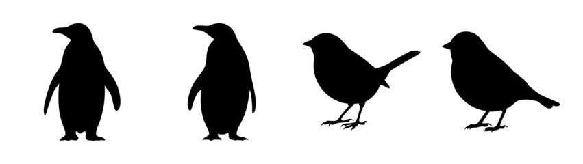 A collection of different bird silhouettes featuring penguins and small perching birds