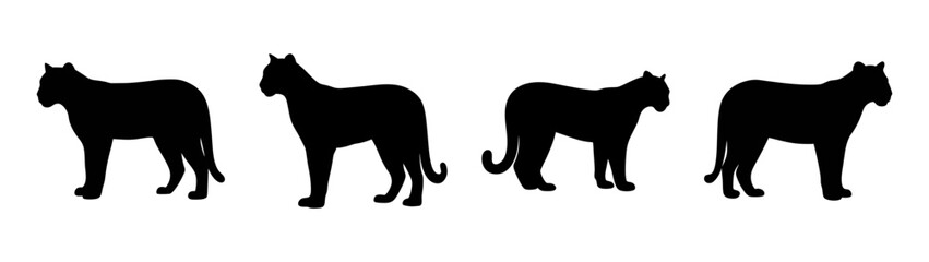 A collection of four black silhouettes depicting large cats like jaguars or panthers in a minimalist style