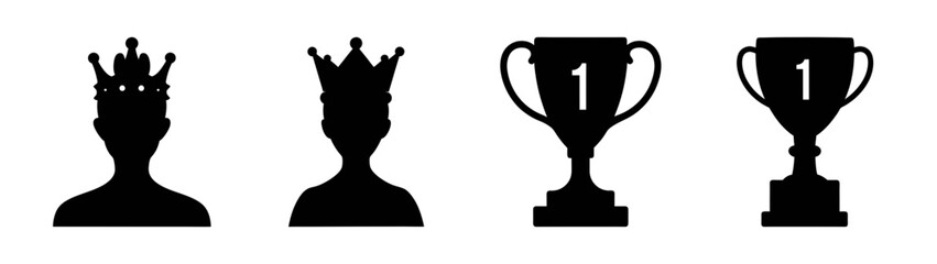 A collection of black silhouette icons representing royal crowns and winner trophies