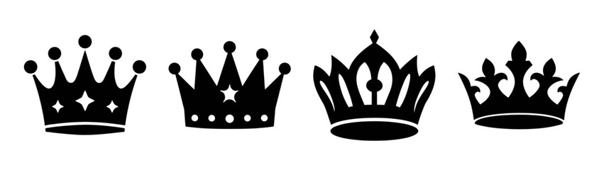 Four black crown silhouettes representing different royal and princess designs on a white background
