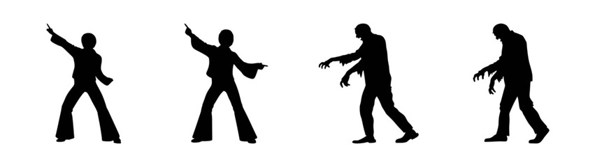Silhouettes illustrating the transition from a vibrant disco dancer to a zombie character