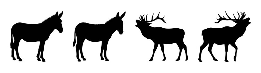 A collection of animal silhouettes featuring donkeys and calling stags on a white background