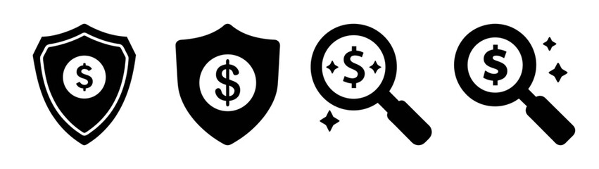Financial protection and money search icon set for business and finance concepts