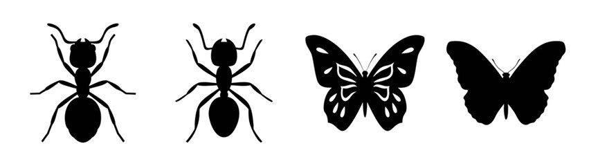 A collection of black silhouettes featuring two ants and two butterflies in various forms