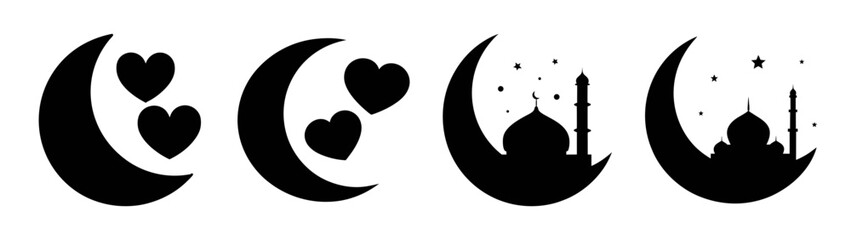 A collection of four silhouette icons featuring crescent moons with hearts and mosque designs for islamic celebration and love © black man