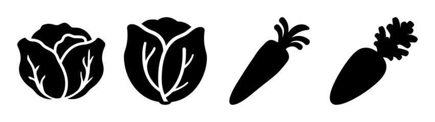 A row of black silhouette icons featuring various vegetables like cabbage and carrots.