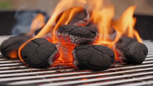 Close up view of briquette charcoal igniting with bright orange flames on a metal barbecue grill grate