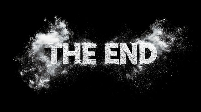 T&iacute;tulo THE END con tipograf&iacute;a met&aacute;lica grunge, efectos de humo, explosi&oacute;n de polvo y part&iacute;culas sobre fondo oscuro dram&aacute;tico