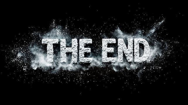 T&iacute;tulo  'THE END' con tipograf&iacute;a met&aacute;lica grunge, efectos de humo, explosi&oacute;n de polvo y part&iacute;culas sobre fondo oscuro dram&aacute;tico