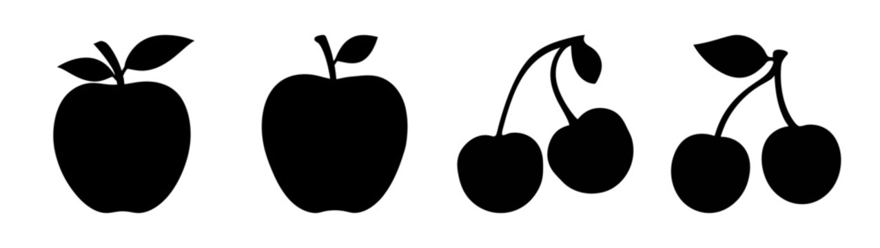 A set of simple black silhouettes featuring apple and cherry fruit icons on a white background