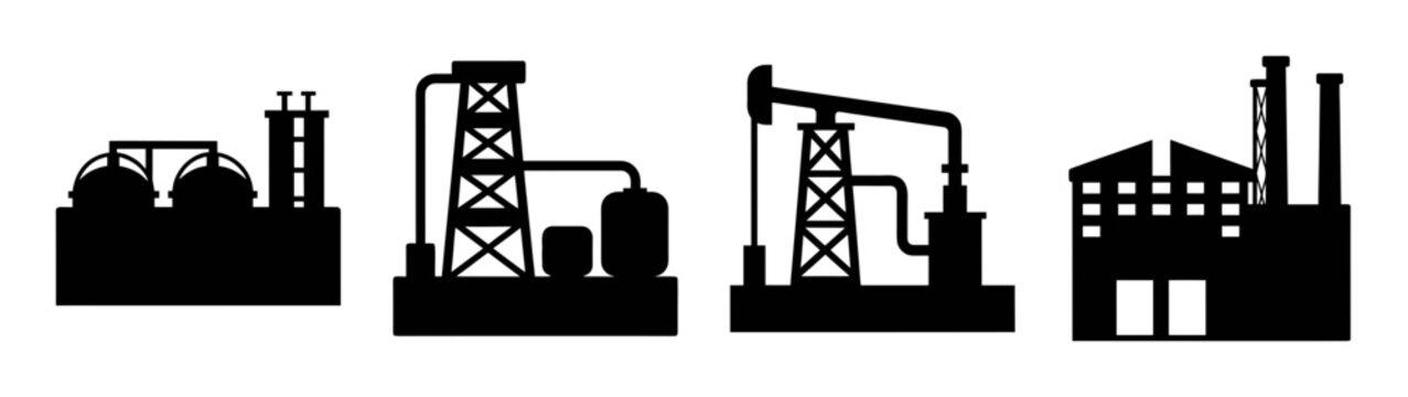 Set of black silhouettes illustrating factory buildings, oil rigs, and industrial processing plants
