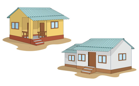 Cartoon Village Houses With Tin Roof Rural Home Illustration. Indian Village Houses.