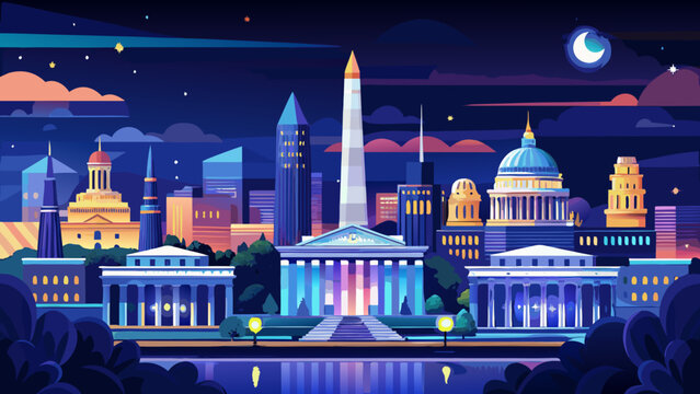 Very beautiful nighttime skyline of Washington D.C. featuring iconic monuments illuminated under dark sky, balanced city lights, calm atmosphere, and refined architectural composition designed for det