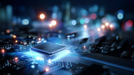 Obraz premium Blue-lit high-tech circuit board with glowing chips and neon-lit pathways, futuristic technology aesthetics, digital electronics, modern computing hardware, cyberpunk design, with 
