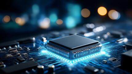 Blue-lit high-tech circuit board with glowing chips and neon-lit pathways, futuristic technology aesthetics, digital electronics, modern computing hardware, cyberpunk design, with