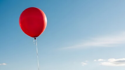 Red Balloon Floating High in a Clear Blue Sky with Wispy White Clouds, Concept of Freedom and Celebration