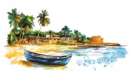 Obraz premium Bay of Dakar. Bay of Dakar hand drawn watercolor illustration on white background