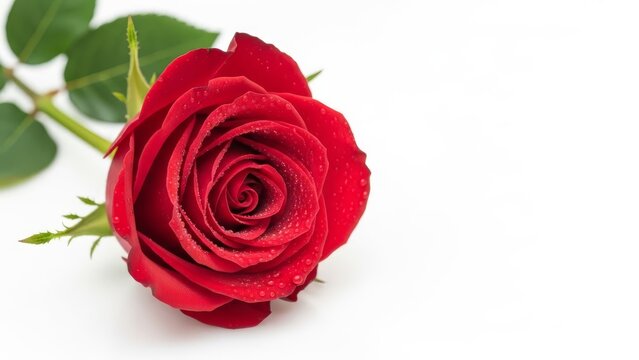 Vibrant red rose with dew drops lying on a clean, bright white background for copy space. - Powered by Adobe