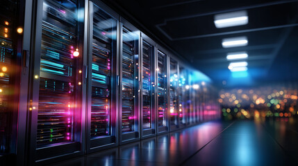 Modern data center with long rows of server racks and colorful LED indicators, technology infrastructure, cloud computing facility, network operations room, defocused equipment dep