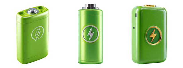 3D Green Batteries on Transparent Background