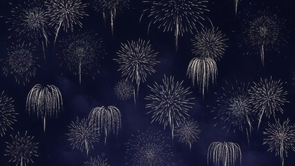 White fireworks display illuminating the dark night sky with explosive starbursts and falling willow trails, symbolizing celebration.