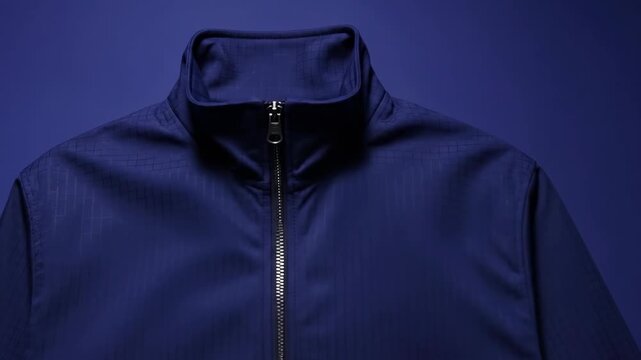 Stylish navy jacket showcasing elegant zipper details on a blue background