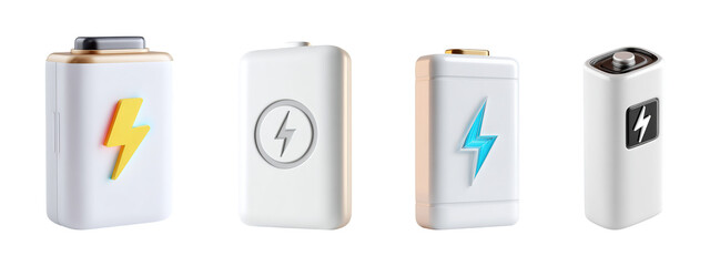 3D White Batteries on Transparent Background