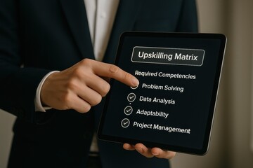 Professional Individual Tapping Button on Tablet Displaying Personalized Upskilling Matrix Competencies with Checkmarks