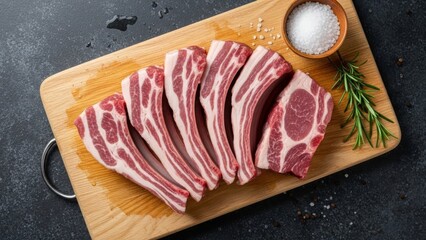Seven raw lamb chop ribs arranged on a rustic wooden cutting board with rosemary and coarse salt
