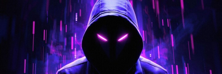 A mysterious figure cloaked in shadows, illuminated by vibrant purple light, evokes a sense of intrigue and suspense.