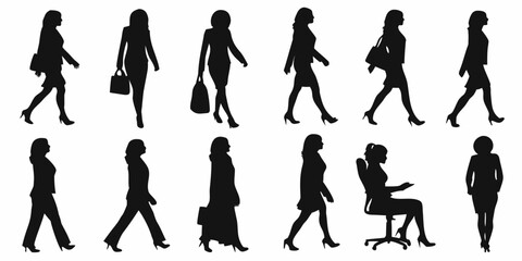 Silhouettes of walking women in various poses and a seated figure