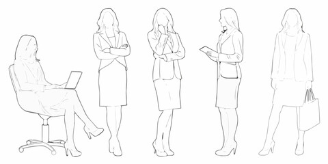 Five women in business attire depicted in a minimalist line art style