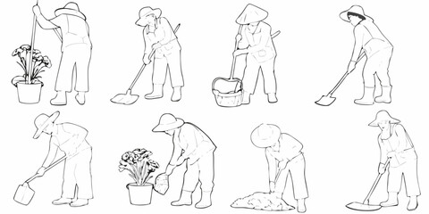 Line art illustrations of people gardening farming and working outdoors