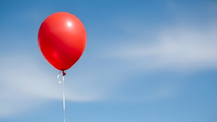 Fototapeta premium Single Bright Red Balloon Floating High in a Clear Blue Sky with Wispy White Clouds, Freedom and Celebration