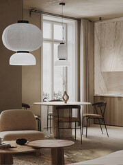 Cozy contemporary living space with round coffee table, sculptural seating, and pendant lighting near a dining area.