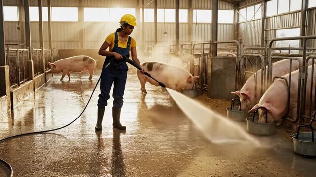 Female farmer wearing protective gear pressure washes a pig barn floor with sunlight streaming through windows
