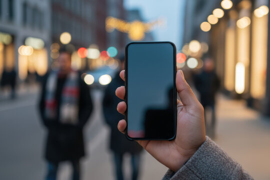 Hand holding a smartphone in a city street at night - Powered by Adobe