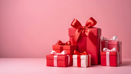 A delightful collection of red gift boxes against a pink backdrop for a special occasion