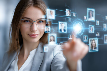 Professional woman interacting with digital network connections in a modern office