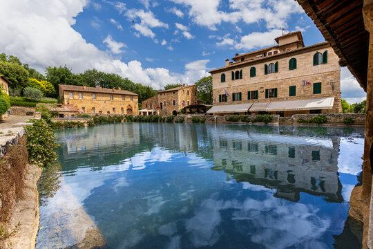 Bagno Vignoni, Tuscany, Italy - June 25, 2024: Bagno Vignoni, a medieval village in Tuscany, Italy. Bagno Vignoni is known volcanic thermal waters.