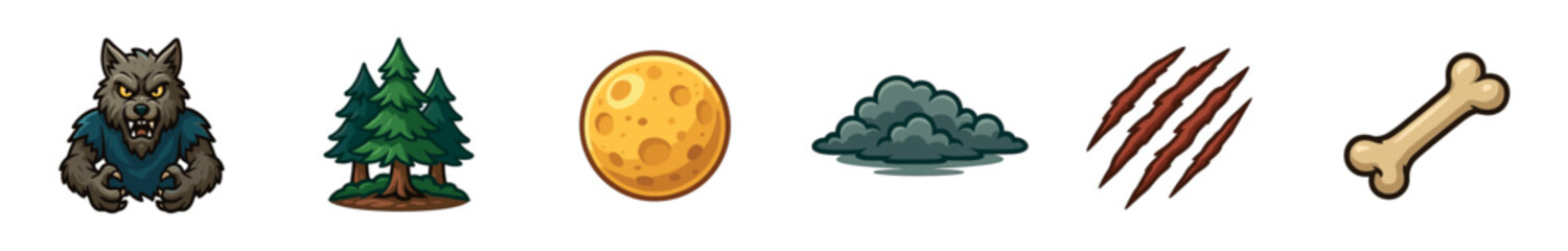 Obraz premium Set of six cartoon werewolf icons featuring a monster, full moon, forest trees, dark cloud, claw marks, and a bone, designed for a fantasy or horror game interface