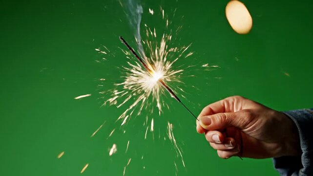 Close up hand holding burning sparkler with bright golden sparks and smoke on green screen chroma key background for celebration overlay