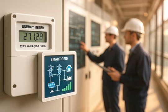 Two male engineers examine a smart grid energy meter in a modern control room, showcasing a blend of technology and teamwork.