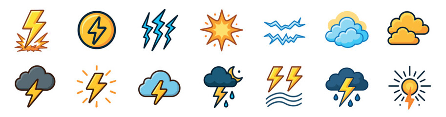 Diverse collection of colorful lightning bolt and weather icons depicting thunderstorms, energy, clouds, and rain in a clean, modern cartoon illustration style