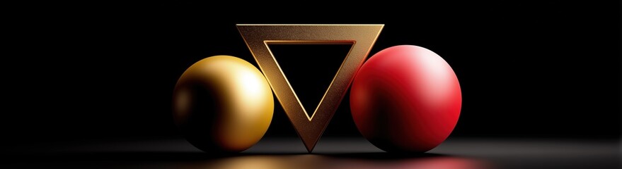Golden triangle symbol with golden sphere and red sphere. Abstract 3d render illustration for balance or opposition concept design.